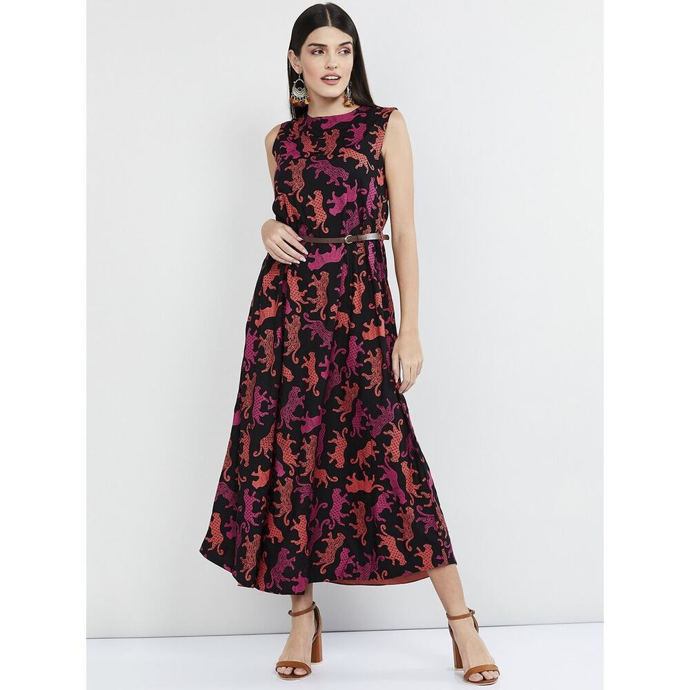 Max Animal Print Sleeveless Maxi Dress Black Orange Size Medium